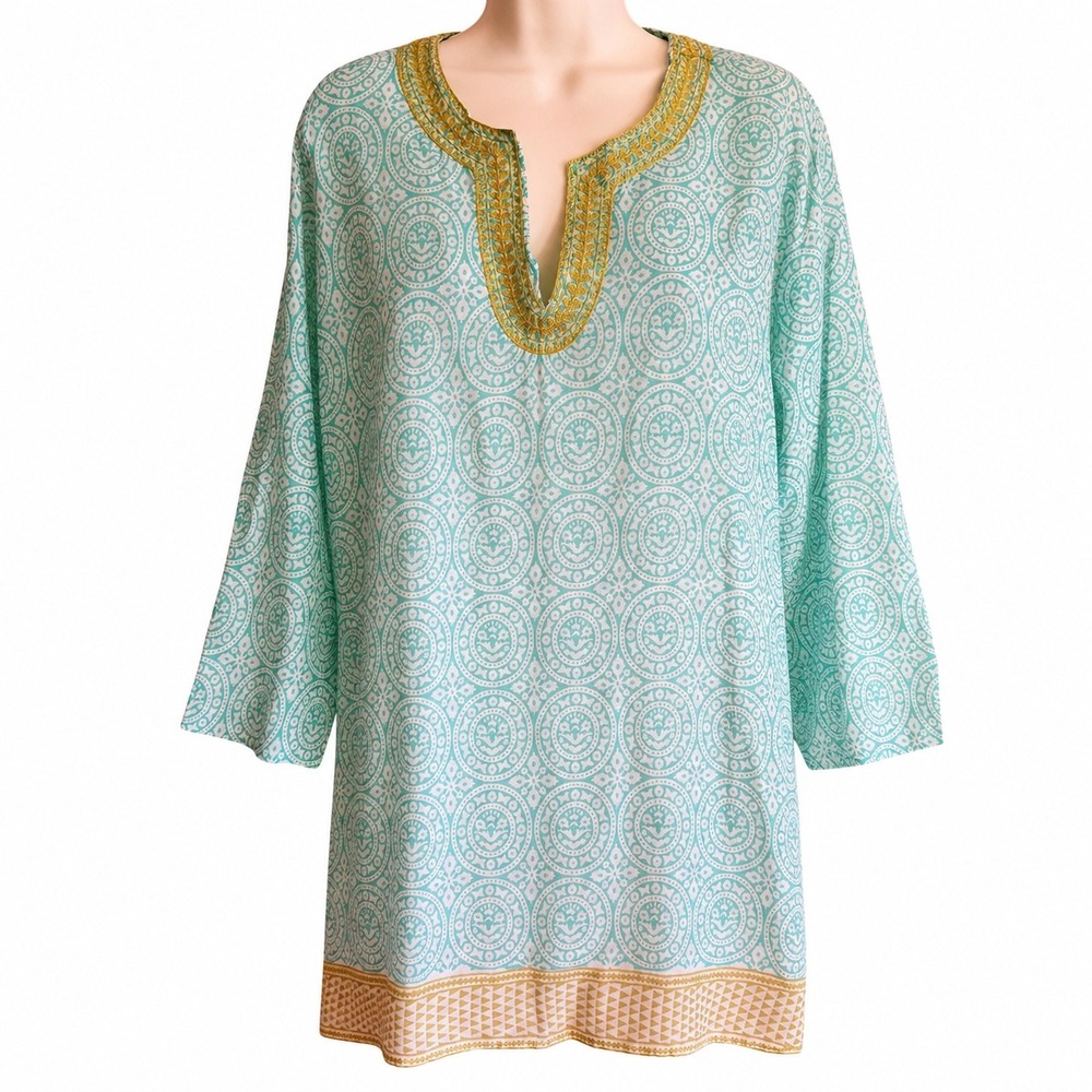 Joe Fresh Womens Large Turquoise Medallion Beach Cover Up Tunic Gold Embroidery